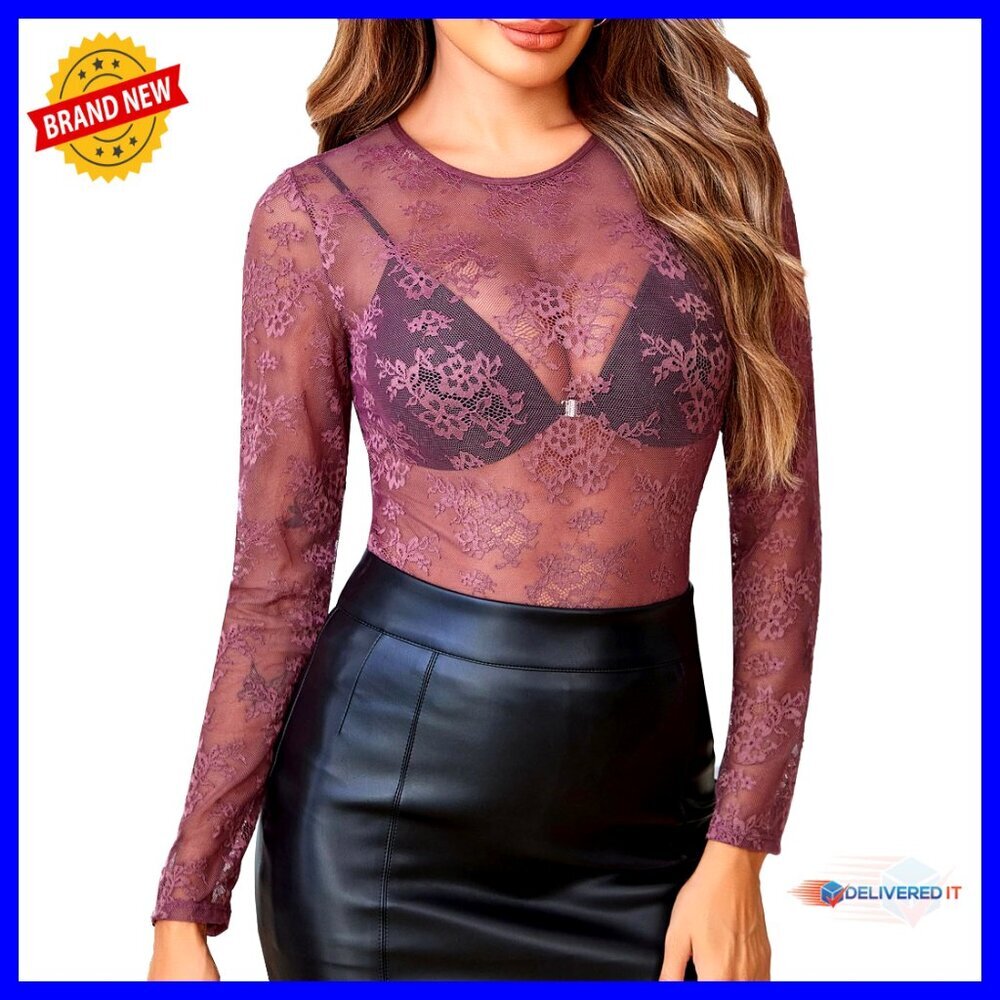 Long Sleeve Sheer Mesh Lace Blouse Crew Neck Floral See Through Top - Picture 1 of 7